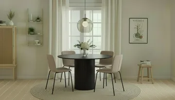 Kopparbo Runt Matbord 130 cm med 4 Katy Matstolar - Svart trä / Greige Bouclé / Metallben Svart - Möbler - Bord & matgrupp - Matgrupp