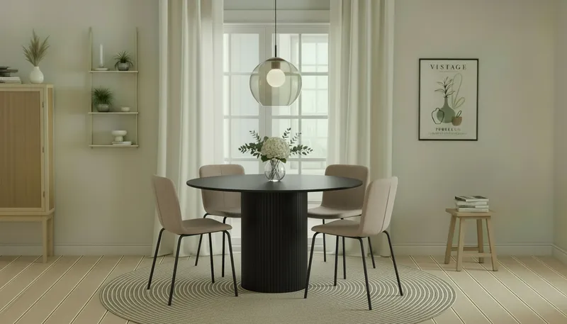 Kopparbo Runt Matbord 130 cm med 4 Katy Matstolar - Svart trä / Greige Bouclé / Metallben Svart - Möbler - Bord & matgrupp - Matgrupp