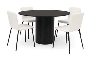 Kopparbo Runt Matbord 130 cm med 4 Katy Matstolar - Svart trä / Vit Bouclé / Metallben Svart - Möbler - Bord & matgrupp - Matgrupp