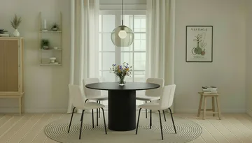 Kopparbo Runt Matbord 130 cm med 4 Katy Matstolar - Svart trä / Vit Bouclé / Metallben Svart - Möbler - Bord & matgrupp - Matgrupp