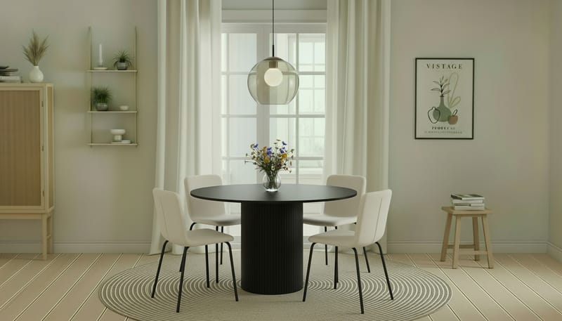 Kopparbo Runt Matbord 130 cm med 4 Katy Matstolar - Svart trä / Vit Bouclé / Metallben Svart - Möbler - Bord & matgrupp - Matgrupp