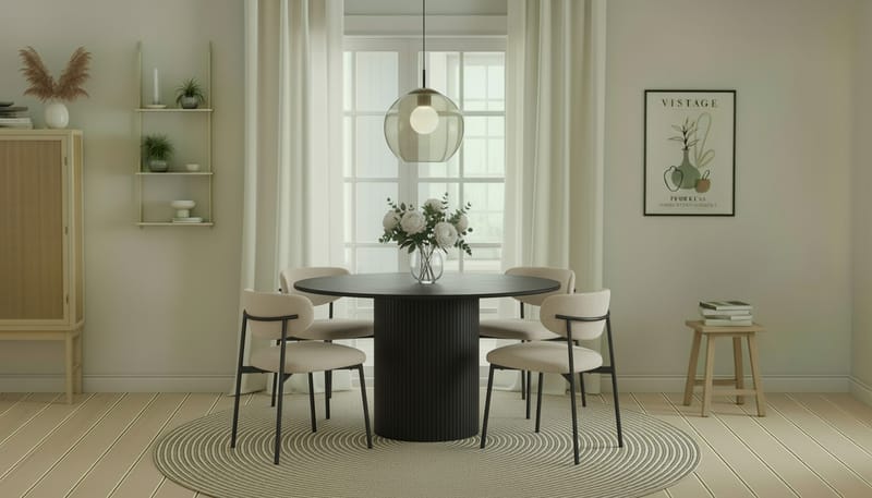 Kopparbo Runt Matbord 130 cm med 4 Lucy Matstolar - Svart trä / Greige Bouclé / Metallben Svart - Möbler - Bord & matgrupp - Matgrupp