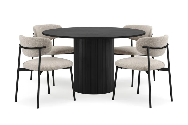 Kopparbo Runt Matbord 130 cm med 4 Lucy Matstolar - Svart trä / Greige Bouclé / Metallben Svart - Möbler - Bord & matgrupp - Matgrupp