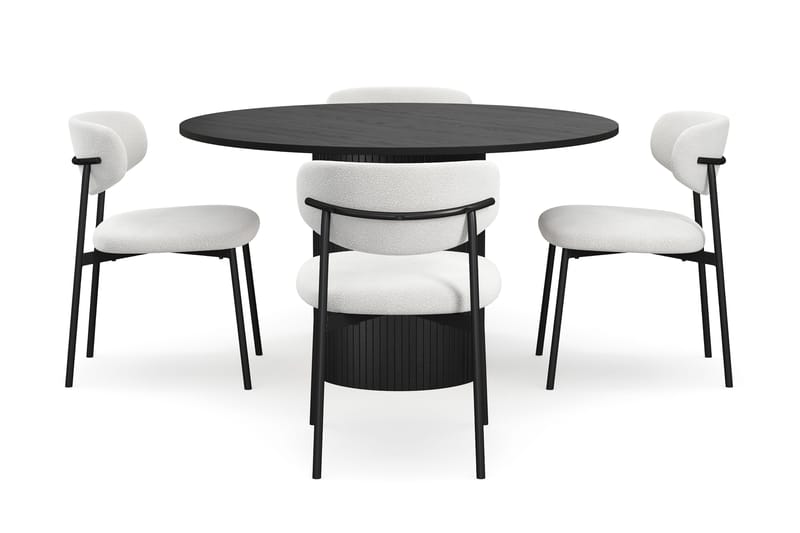 Kopparbo Runt Matbord 130 cm med 4 Lucy Matstolar - Svart trä / Vit Bouclé / Metallben Svart - Möbler - Bord & matgrupp - Matgrupp