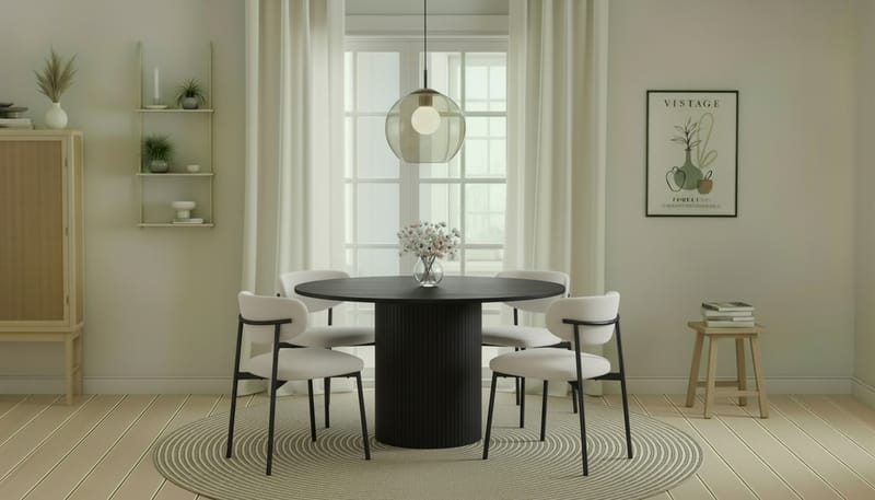Kopparbo Runt Matbord 130 cm med 4 Lucy Matstolar - Svart trä / Vit Bouclé / Metallben Svart - Möbler - Bord & matgrupp - Matgrupp