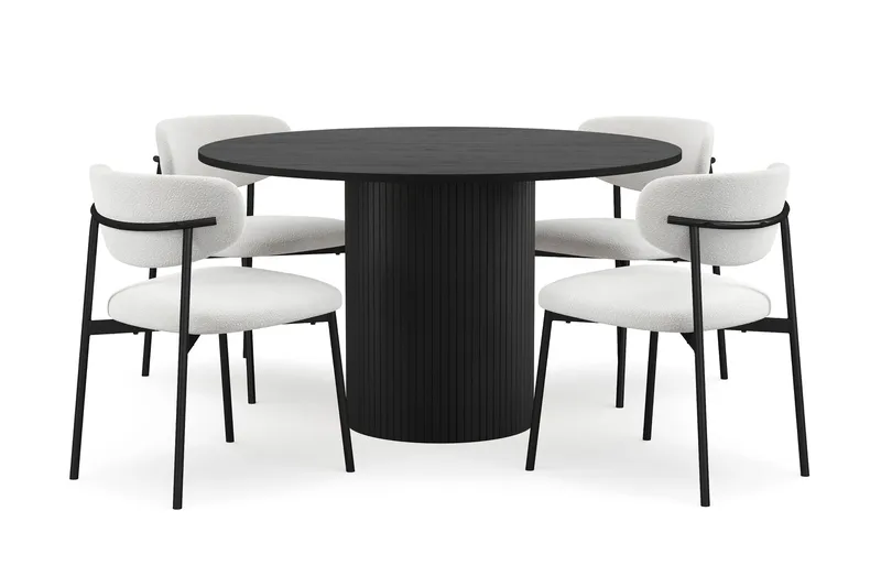 Kopparbo Runt Matbord 130 cm med 4 Lucy Matstolar, Svart trä / Vit Bouclé / Metallben Svart