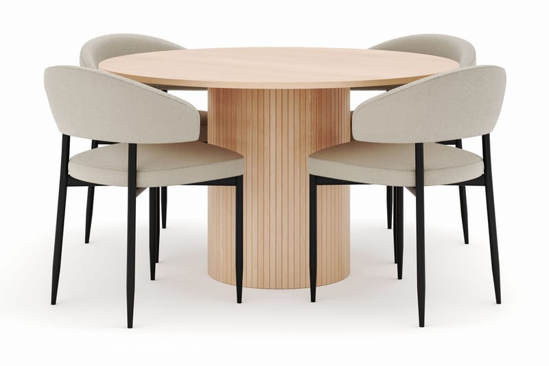 Kopparbo Runt Matbord 130 cm med 4 Sawako Stolar, Beige