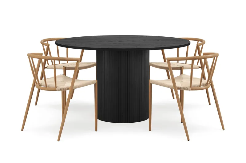Kopparbo Runt Matbord 130 cm med 4 Winston Matstolar, Svart trä / Beige / Metallben Ek