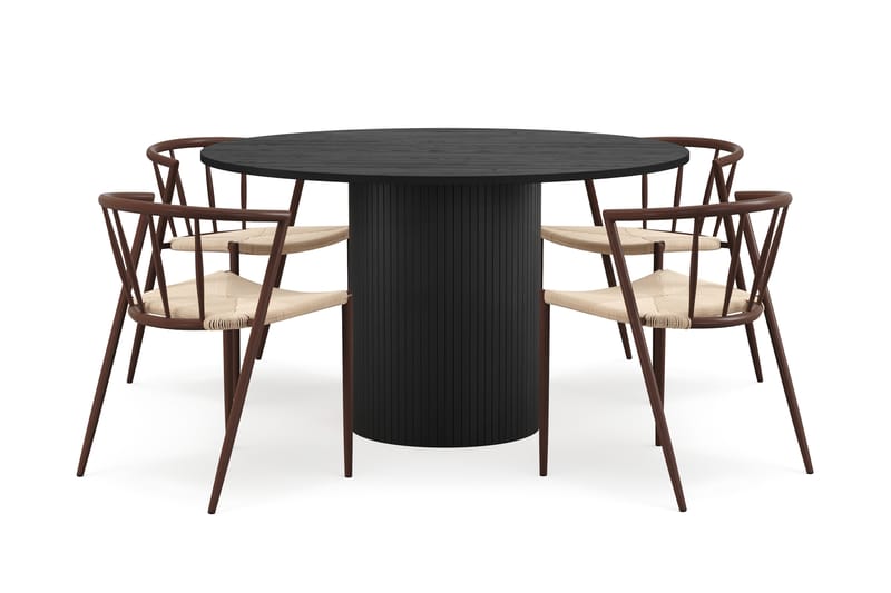 Kopparbo Runt Matbord 130 cm med 4 Winston Matstolar - Svart trä / Beige / Metallben Rökt ek - Möbler - Bord & matgrupp - Matgrupp