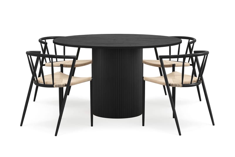Kopparbo Runt Matbord 130 cm med 4 Winston Matstolar, Svart trä / Beige / Metallben Svart