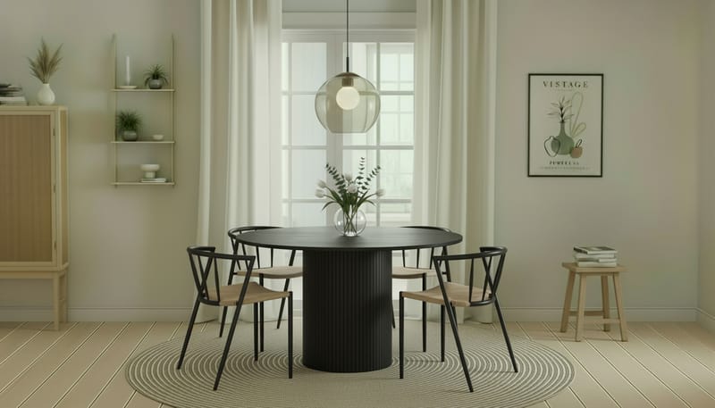 Kopparbo Runt Matbord 130 cm med 4 Winston Matstolar, Svart trä / Beige / Metallben Svart