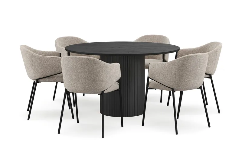 Kopparbo Runt Matbord 130 cm med 6 Filip Matstolar, Svart trä / Taupe Bouclé