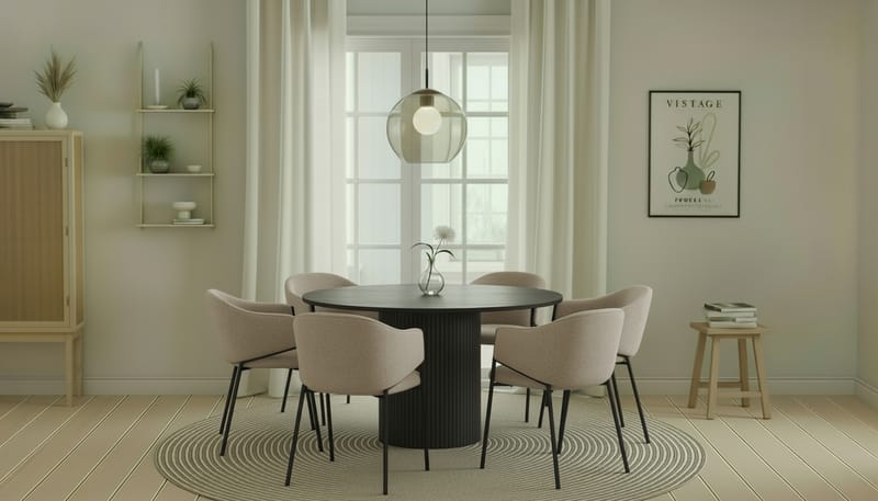 Kopparbo Runt Matbord 130 cm med 6 Filip Matstolar - Svart trä / Taupe Bouclé - Möbler - Bord & matgrupp - Matgrupp