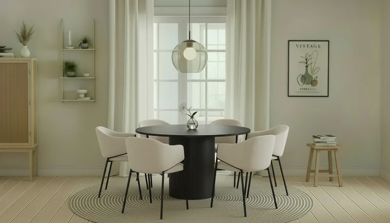 Kopparbo Runt Matbord 130 cm med 6 Filip Matstolar - Svart trä / Vit Bouclé - Möbler - Bord & matgrupp - Matgrupp