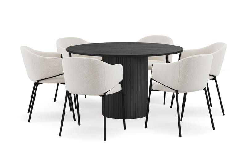 Kopparbo Runt Matbord 130 cm med 6 Filip Matstolar, Svart trä / Vit Bouclé