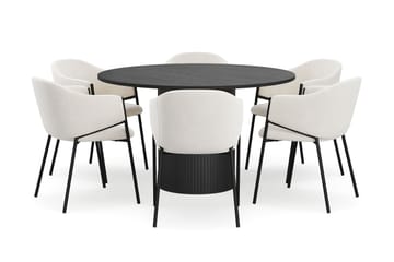 Kopparbo Runt Matbord 130 cm med 6 Filip Matstolar - Svart trä / Vit Bouclé - Möbler - Bord & matgrupp - Matgrupp