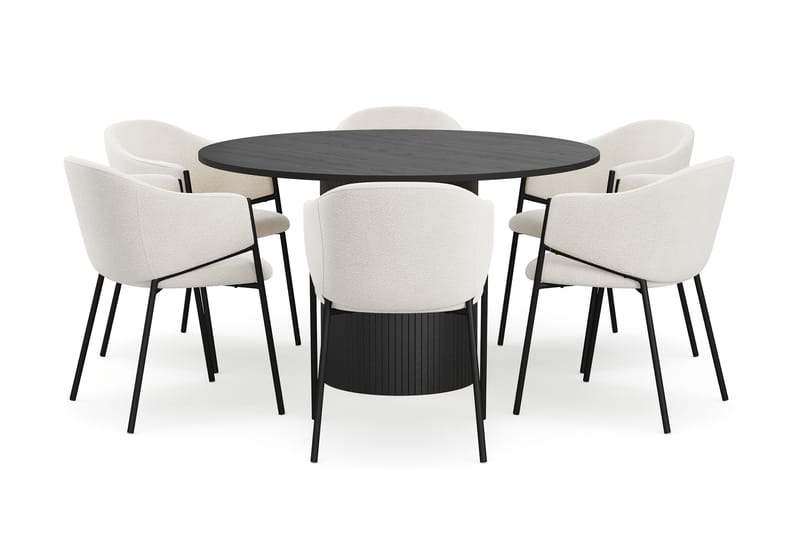 Kopparbo Runt Matbord 130 cm med 6 Filip Matstolar - Svart trä / Vit Bouclé - Möbler - Bord & matgrupp - Matgrupp