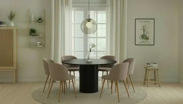 Kopparbo Runt Matbord 130 cm med 6 Greya Matstolar med armstöd - Svart trä / Greige Bouclé / Metallben Ek - Möbler - Bord & matgrupp - Matgrupp