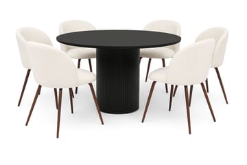 Kopparbo Runt Matbord 130 cm med 6 Greya Matstolar med armstöd - Svart trä / Vit Bouclé / Metallben Valnöt - Möbler - Bord & matgrupp - Matgrupp