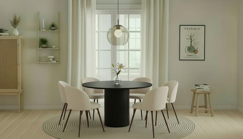 Kopparbo Runt Matbord 130 cm med 6 Greya Matstolar med armstöd - Svart trä / Vit Bouclé / Metallben Valnöt - Möbler - Bord & matgrupp - Matgrupp