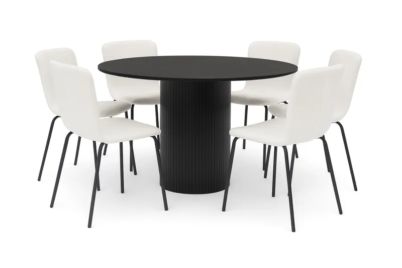 Kopparbo Runt Matbord 130 cm med 6 Katy Matstolar, Svart trä / Vit Bouclé / Metallben Svart