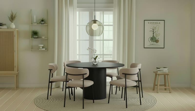 Kopparbo Runt Matbord 130 cm med 6 Lucy Matstolar - Svart trä / Greige Bouclé / Metallben Svart - Möbler - Bord & matgrupp - Matgrupp