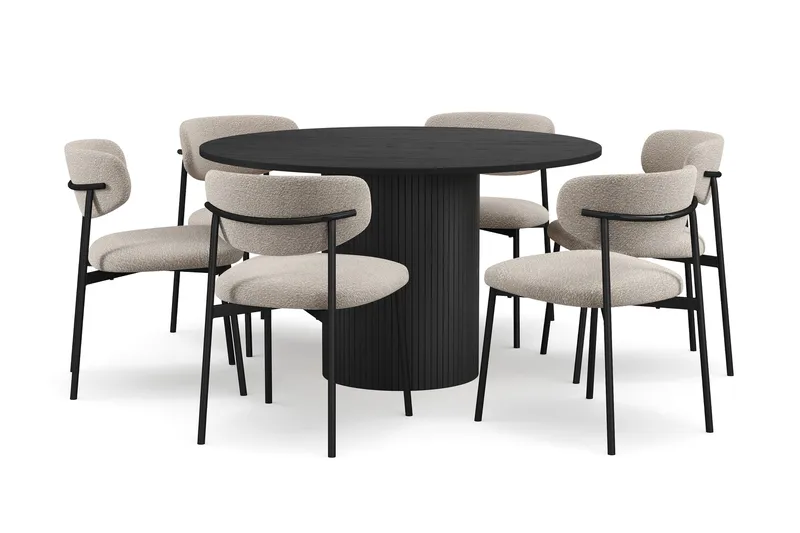 Kopparbo Runt Matbord 130 cm med 6 Lucy Matstolar, Svart trä / Greige Bouclé / Metallben Svart