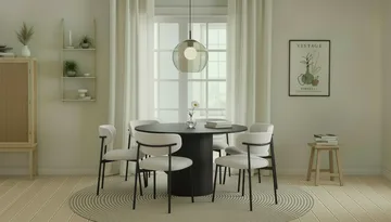 Kopparbo Runt Matbord 130 cm med 6 Lucy Matstolar - Svart trä / Vit Bouclé / Metallben Svart - Möbler - Bord & matgrupp - Matgrupp