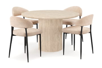 Kopparbo Runt Matbord 130cm Travetin utseende med 4 st Jairam Matstolar - Beige - Möbler - Bord & matgrupp - Matgrupp