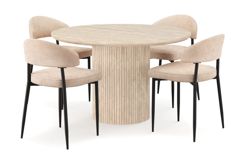 Kopparbo Runt Matbord 130cm Travetin utseende med 4 st Jairam Matstolar - Beige - Möbler - Bord & matgrupp - Matgrupp