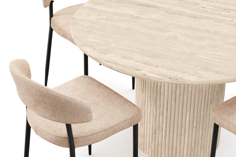 Kopparbo Runt Matbord 130cm Travetin utseende med 4 st Jairam Matstolar - Beige - Möbler - Bord & matgrupp - Matgrupp