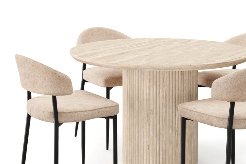 Kopparbo Runt Matbord 130cm Travetin utseende med 4 st Jairam Matstolar - Beige - Möbler - Bord & matgrupp - Matgrupp