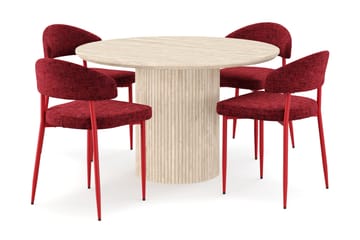 Kopparbo Runt Matbord 130cm Travetin utseende med 4 st Jairam Matstolar - Beige - Möbler - Bord & matgrupp - Matgrupp