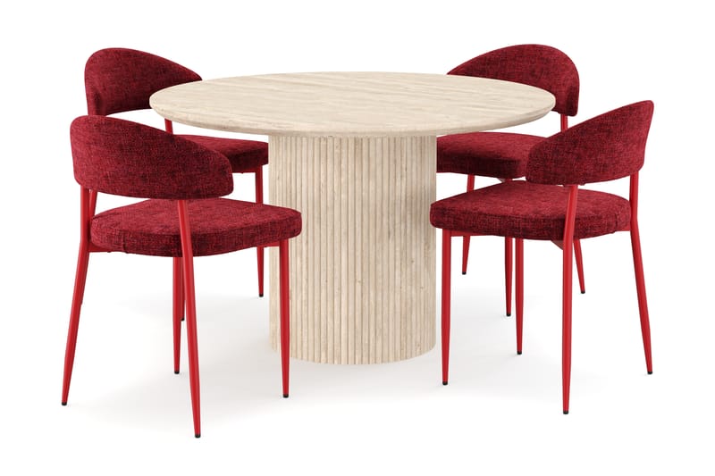 Kopparbo Runt Matbord 130cm Travetin utseende med 4 st Jairam Matstolar - Beige - Möbler - Bord & matgrupp - Matgrupp