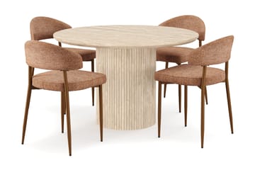 Kopparbo Runt Matbord 130cm Travetin utseende med 4 st Jairam Matstolar - Beige - Möbler - Bord & matgrupp - Matgrupp