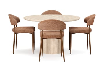 Kopparbo Runt Matbord 130cm Travetin utseende med 4 st Jairam Matstolar - Beige - Möbler - Bord & matgrupp - Matgrupp