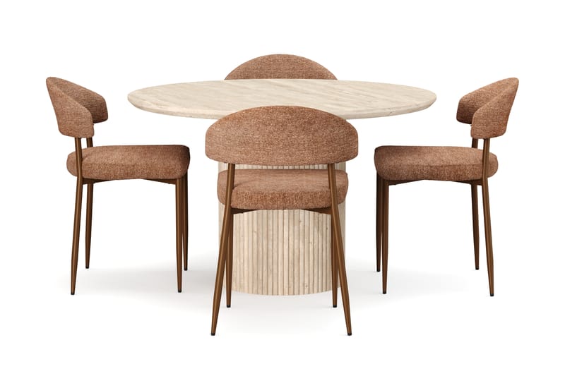 Kopparbo Runt Matbord 130cm Travetin utseende med 4 st Jairam Matstolar - Beige - Möbler - Bord & matgrupp - Matgrupp