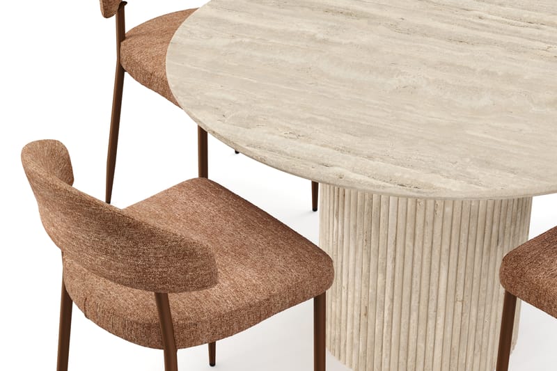 Kopparbo Runt Matbord 130cm Travetin utseende med 4 st Jairam Matstolar - Beige - Möbler - Bord & matgrupp - Matgrupp