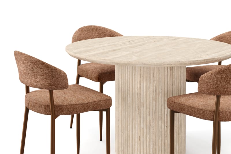 Kopparbo Runt Matbord 130cm Travetin utseende med 4 st Jairam Matstolar - Beige - Möbler - Bord & matgrupp - Matgrupp