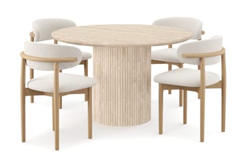 Kopparbo Runt Matbord 130cm Travetin utseende med 4 st Jaiveer Matstolar - Beige - Möbler - Bord & matgrupp - Matgrupp