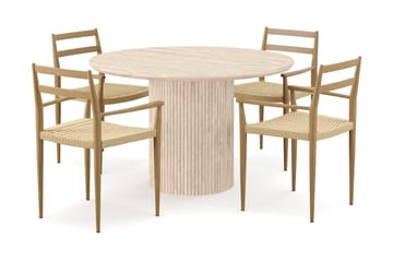 Kopparbo Runt Matbord 130cm Travetin utseende med 4 st Jamna Karmstolar - Beige - Möbler - Bord & matgrupp - Matgrupp