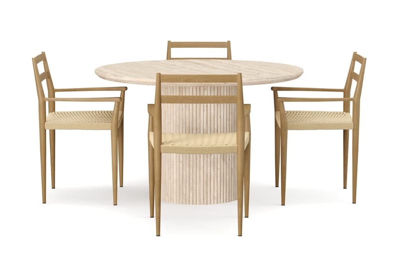 Kopparbo Runt Matbord 130cm Travetin utseende med 4 st Jamna Karmstolar - Beige - Möbler - Bord & matgrupp - Matgrupp