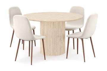 Kopparbo Runt Matbord 130cm Travetin utseende med 4 st Nibe Matstolar - Beige - Möbler - Bord & matgrupp - Matgrupp