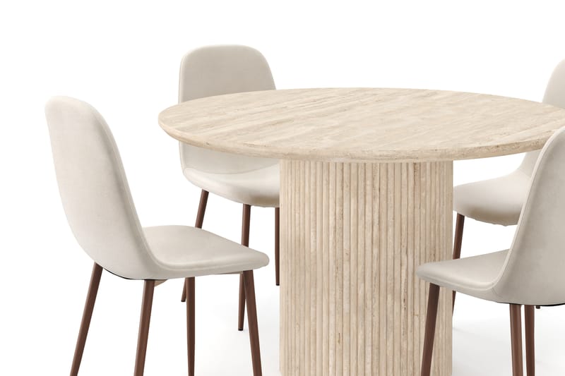 Kopparbo Runt Matbord 130cm Travetin utseende med 4 st Nibe Matstolar - Beige - Möbler - Bord & matgrupp - Matgrupp