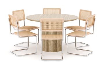 Kopparbo Runt Matbord 130cm Travetin utseende med 6 st Build Matstolar - Beige - Möbler - Bord & matgrupp - Matgrupp