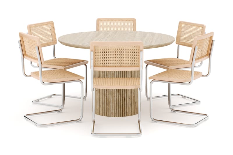 Kopparbo Runt Matbord 130cm Travetin utseende med 6 st Build Matstolar - Beige - Möbler - Bord & matgrupp - Matgrupp