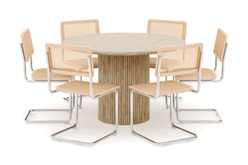 Kopparbo Runt Matbord 130cm Travetin utseende med 6 st Build Matstolar - Beige - Möbler - Bord & matgrupp - Matgrupp