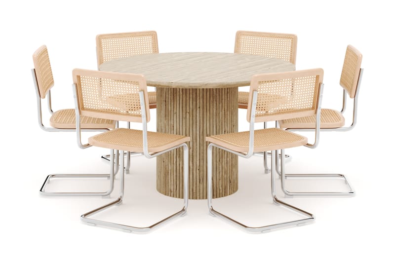 Kopparbo Runt Matbord 130cm Travetin utseende med 6 st Build Matstolar - Beige - Möbler - Bord & matgrupp - Matgrupp