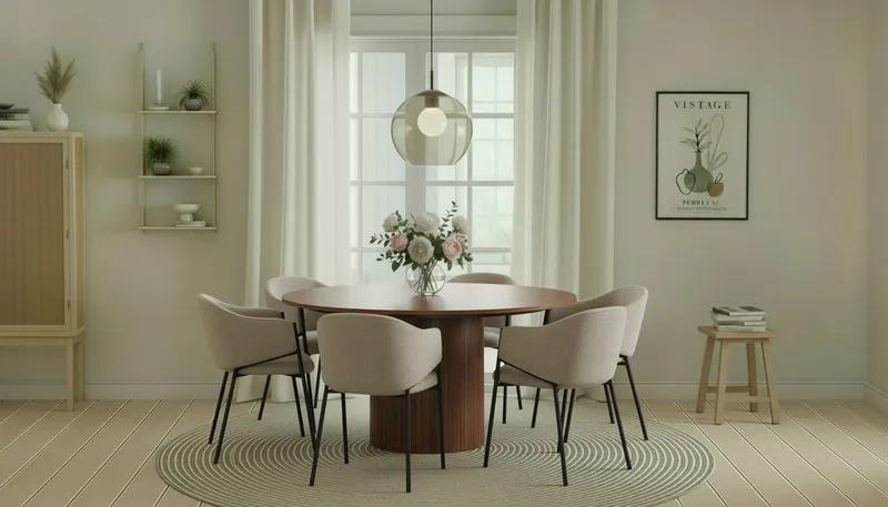 Kopparbo Runt Matbord 150 cm med 6 Filip Matstolar - Valnöt / Taupe Bouclé - Möbler - Bord & matgrupp - Matgrupp