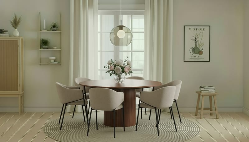 Kopparbo Runt Matbord 150 cm med 6 Filip Matstolar - Valnöt / Taupe Bouclé - Möbler - Bord & matgrupp - Matgrupp